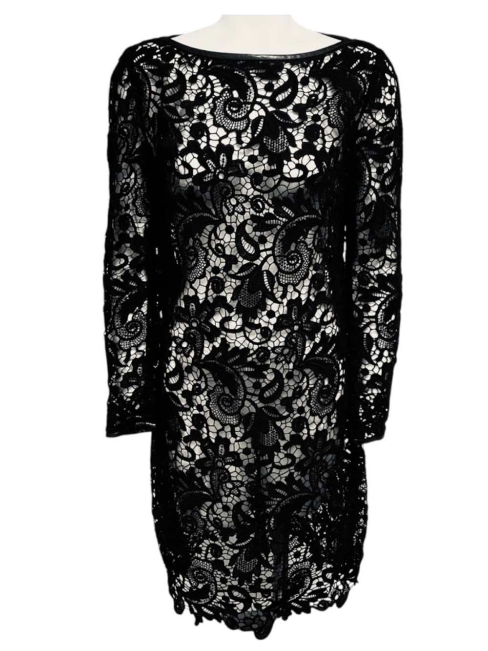 RALPH LAUREN BLACK LABEL BLACK LONG SLEEVED EMBROIDERED FLORAL LACE COCKTAIL DRE